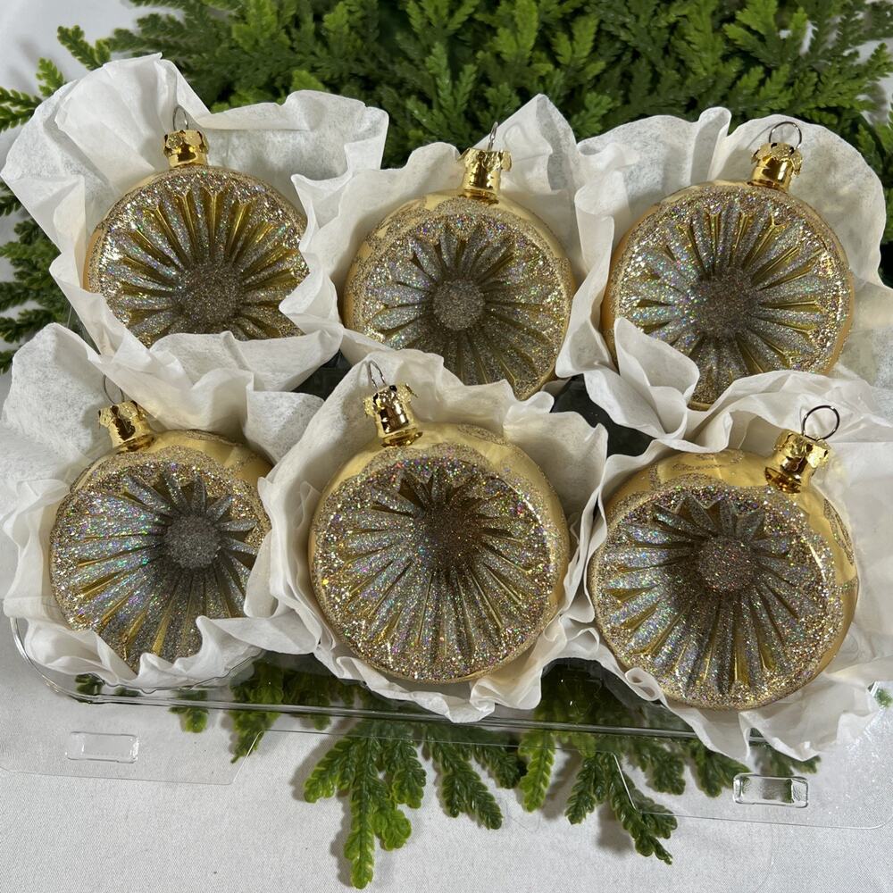 Set of 6 Vintage INDENT Christmas Ornaments Unbreakable Gold Mid Century
